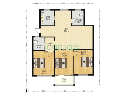 惠羽家园 3室1厅2卫 119平方