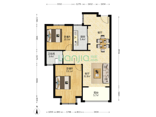 新城左岸生活 2室1厅1卫 93平方