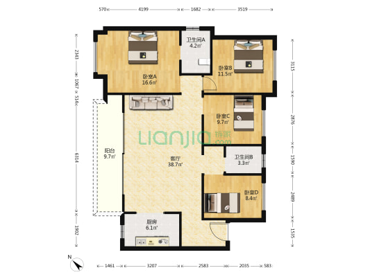绿地花都 4室1厅2卫 129平方