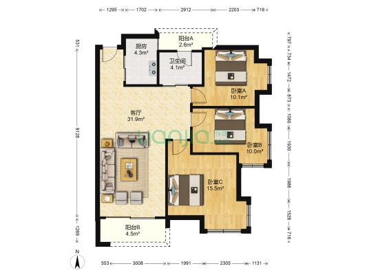 光大花园和榕风景 3室1厅1卫 98平方