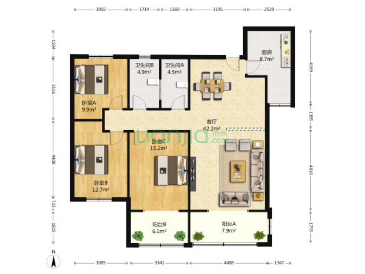 启明公寓 3室1厅2卫 138平方