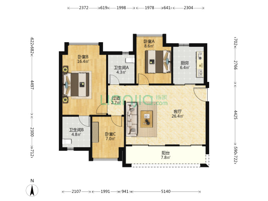 恒大时代新城 3室1厅2卫 102平方