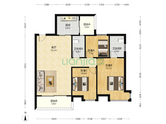 顺景花园 3室1厅2卫 116平方