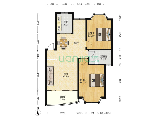 颐和家园帝庭苑 2室1厅1卫 91平方