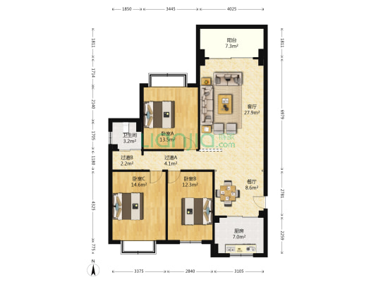 法苑小区东区 3室2厅1卫 119平方