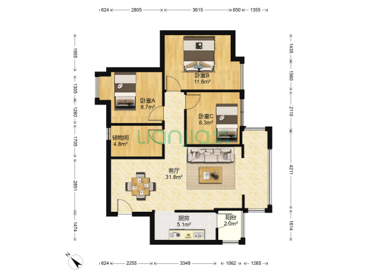 铭璟云庭 3室1厅0卫 90平方