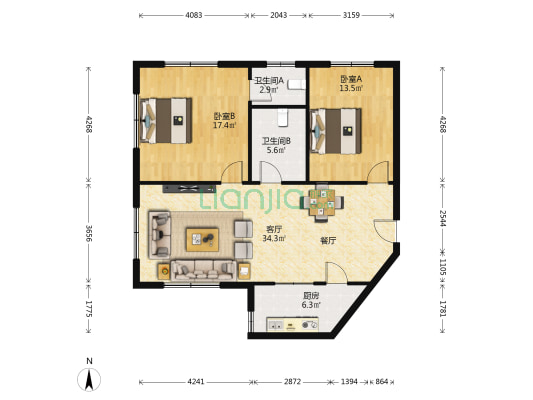 上西园社区 2室1厅2卫 116平方