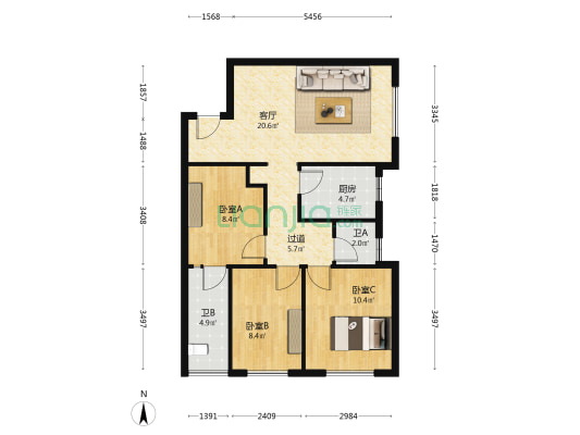 顺安大厦 3室1厅2卫 91平方
