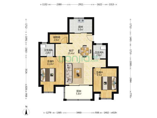 红豆香江华庭 2室1厅2卫 88平方