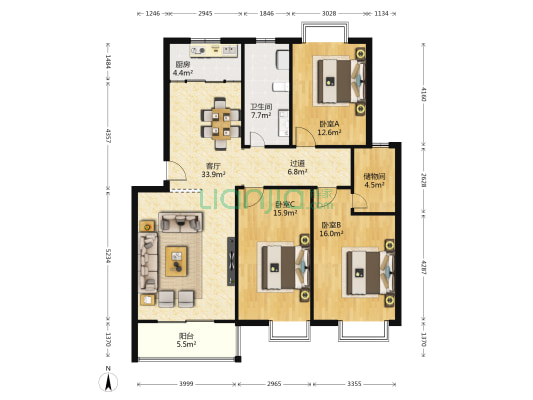 鑫苑小区 3室1厅1卫 132平方