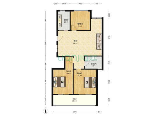 直立香颂园 2室1厅1卫 107平方
