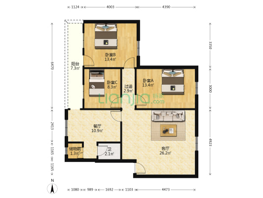 福宁巷3号 3室2厅1卫 95平方