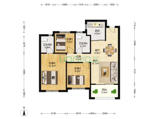 龙湖天宸府 3室2厅2卫 88平方