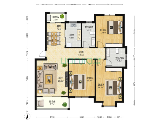 鸿运坊 3室2厅2卫 130平方