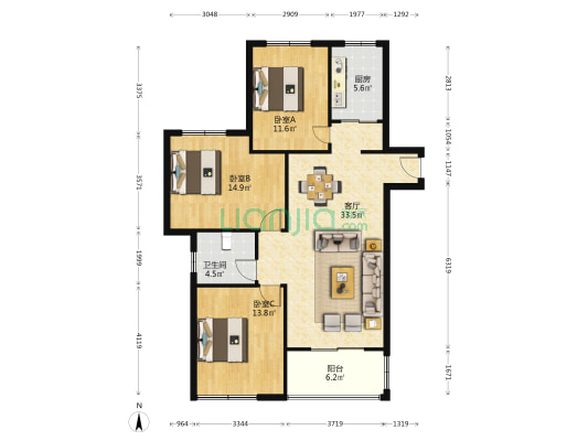 雨润星雨华府 3室1厅1卫 119平方
