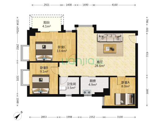 中强雅苑 3室1厅1卫 96平方
