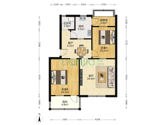 潘苑社区 2室2厅1卫 86平方