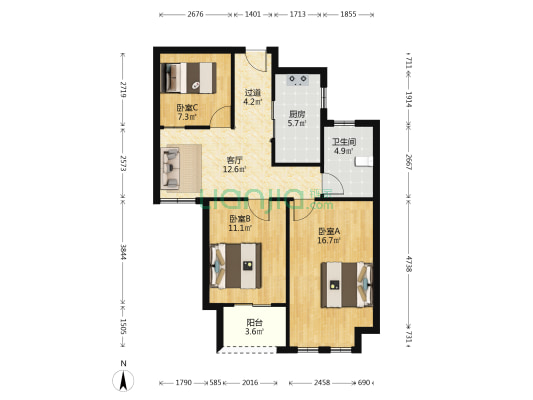 乐江名庭 3室1厅1卫 82平方