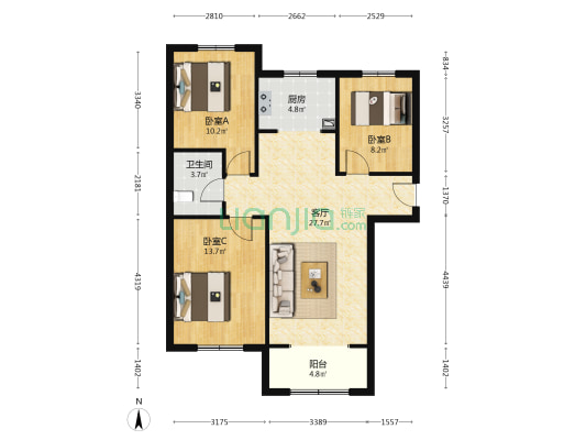 南北通透三居室 景观好，安静无噪音-户型图