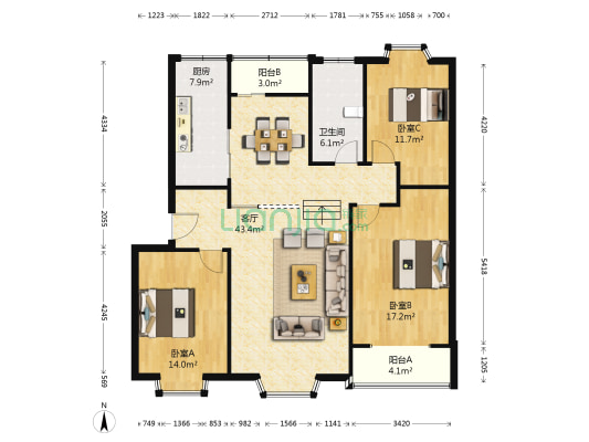翠堤嘉园 3室1厅1卫 128平方