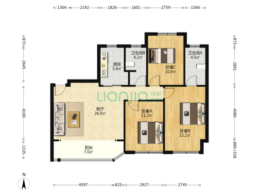 天和雅园 3室1厅2卫 106平方
