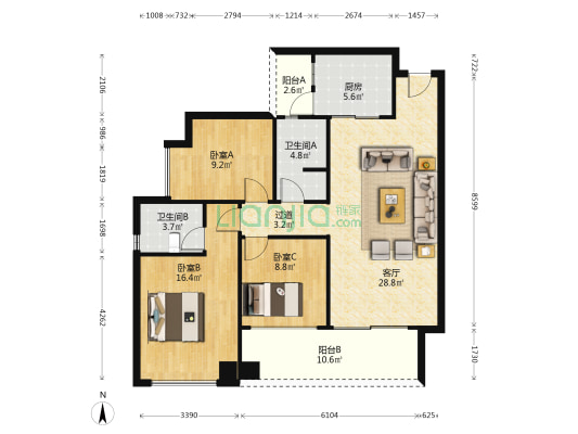 钰景湾 3室1厅2卫 110平方