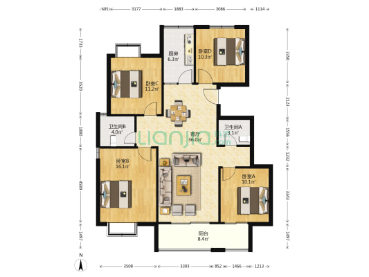 尚景苑 4室1厅2卫 129平方
