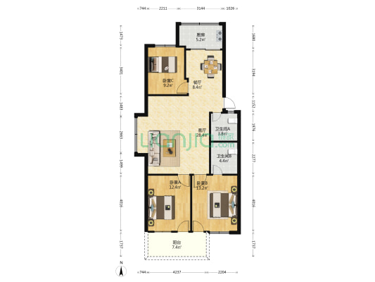 金洲花园 3室2厅2卫 107平方