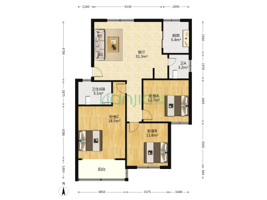 友谊苑 3室1厅2卫 113平方