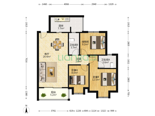 繡美豐文 2室1厅2卫 98平方