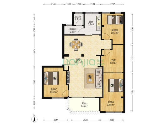 军桥大园 4室1厅2卫 120平方