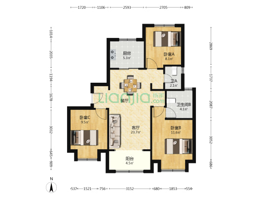 大名城映园 3室1厅2卫 96平方