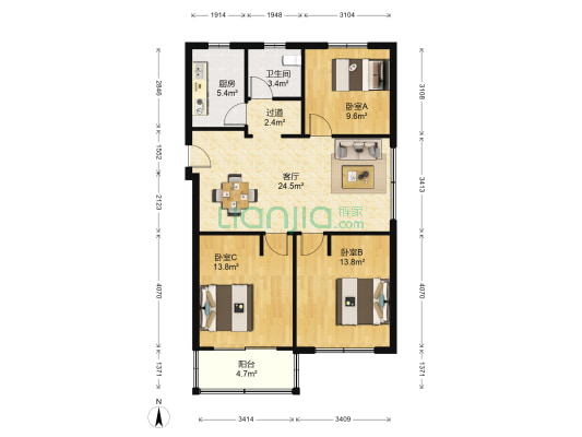 民东公寓 3室1厅1卫 97平方