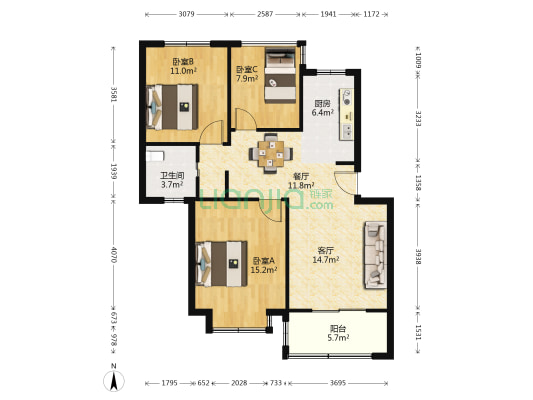 大黄馨园 3室2厅1卫 88平方