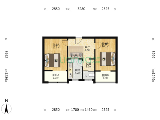 文化路75号院 2室1厅1卫 50平方