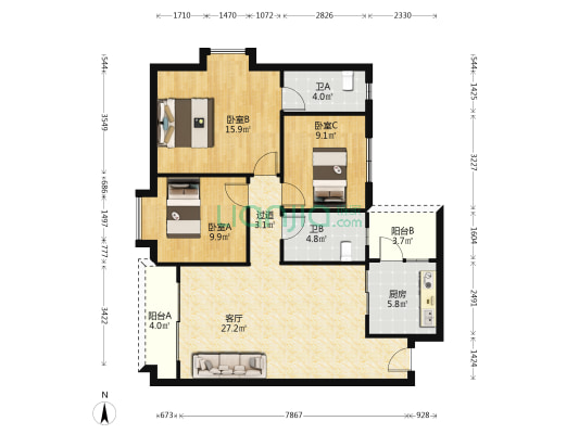 富康楼 3室1厅2卫 98平方