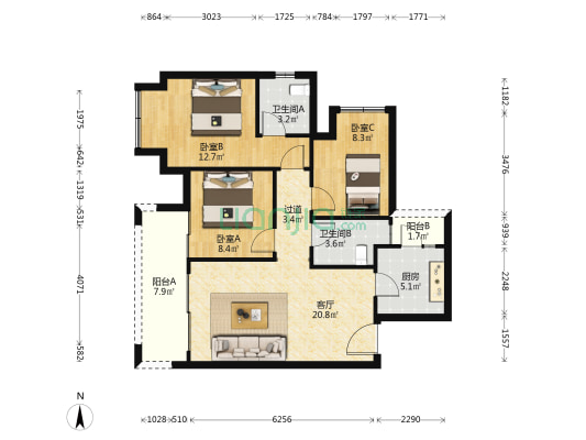 昕晖麓台熙著 3室1厅2卫 92平方