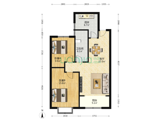 田庄花园北区 2室1厅1卫 103平方
