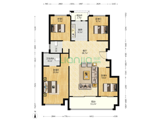 颍州正荣府南区 4室1厅2卫 137平方