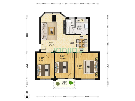 港丰 3室1厅1卫 90平方