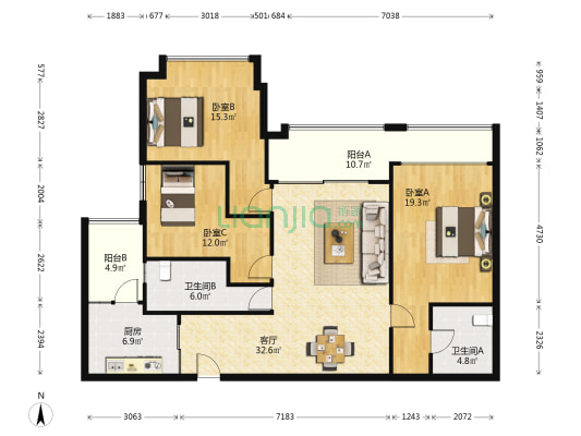 明月东山 3室1厅2卫 127平方