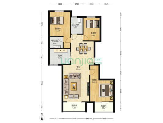 德源华通小区 3室1厅2卫 134平方