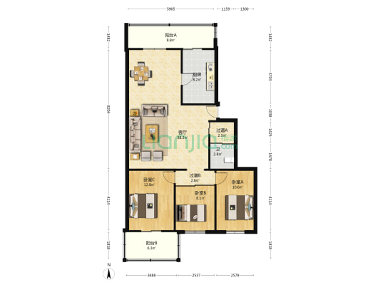 一中宿舍楼 3室1厅1卫 113平方