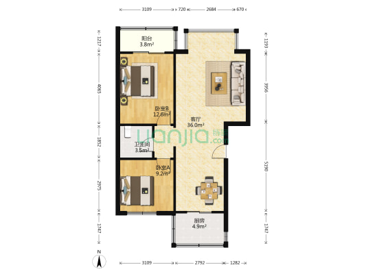 青龙日月苑 2室1厅1卫 80平方