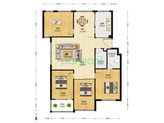 飞虹南路65号 4室2厅2卫 171平方