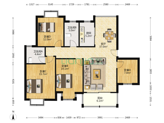 上层9号 4室1厅2卫 122平方