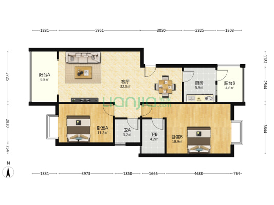 蓥华北苑 2室1厅2卫 100平方