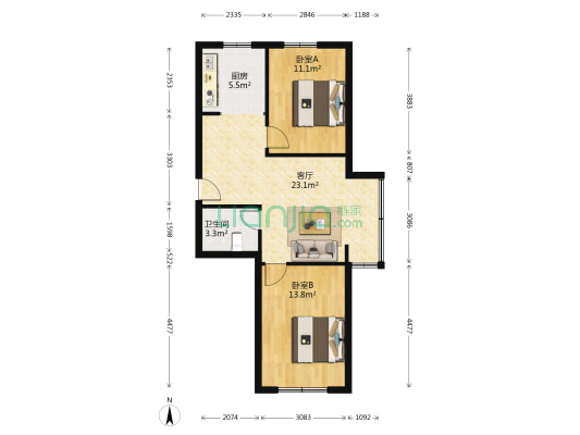 国奥现代城四期 2室1厅1卫 73平方