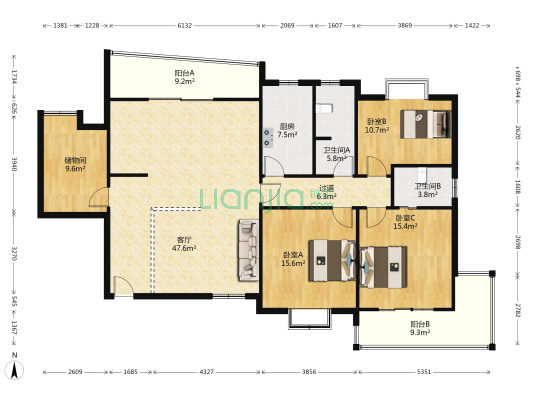 名景园 3室1厅2卫 164平方