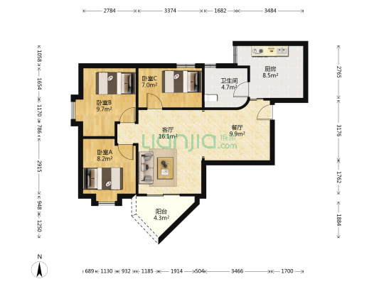 腾龙阁 3室2厅1卫 89平方